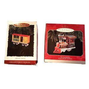 Set of 2 train ornaments Hallmark Christmas Yuletide Central Tin Locomotive